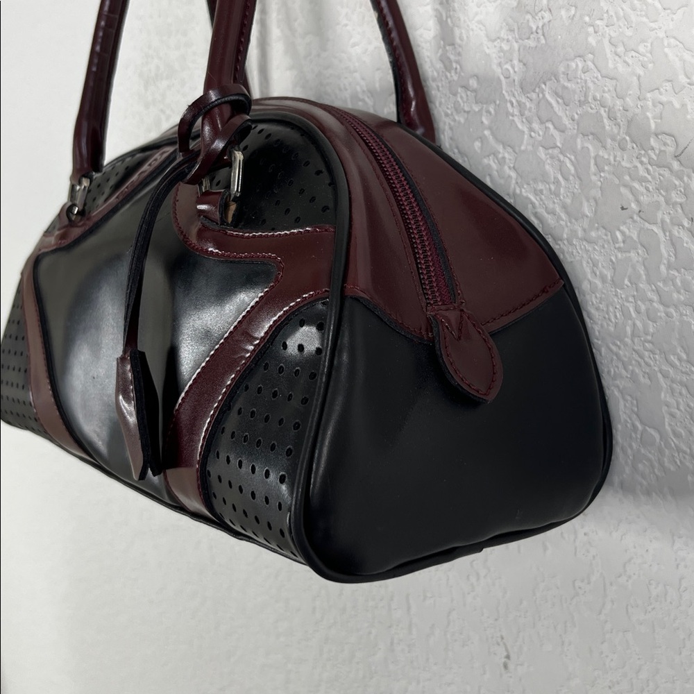 VTG Prada SS2000 RTW Bowler Black Merlor Burgundy Vitello Drive Bowling Bag Tote - Picture 4 of 13